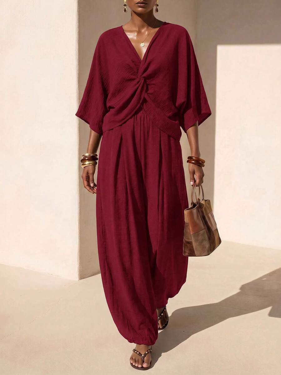 Zivah 2026 Spring/Summer New Music Festival Party Holiday Outing Office Wear Twist Short Sleeve V-Neck Top And Elastic Waist Side Pocket Loose Wide Leg Tapered Pants Linen Pants Set - Burgundy - View 1