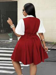 Mawevolt Plus Size Women's Solid Color Petal Sleeve Single-Breasted Top And Tie-Front Design Dress Fashion Set - Burgundy - View 5