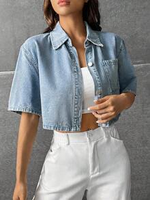 SHEIN Girls' Blue Denim Loose Cropped Shirt Summer World Cup Independence Day Beach Graduation - Blue - View 5