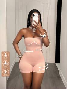 BamGleam Versatile Seamless Solid Color Sexy Tight-Fitting Bandeau Romper Shorts - Baby Pink - View 2