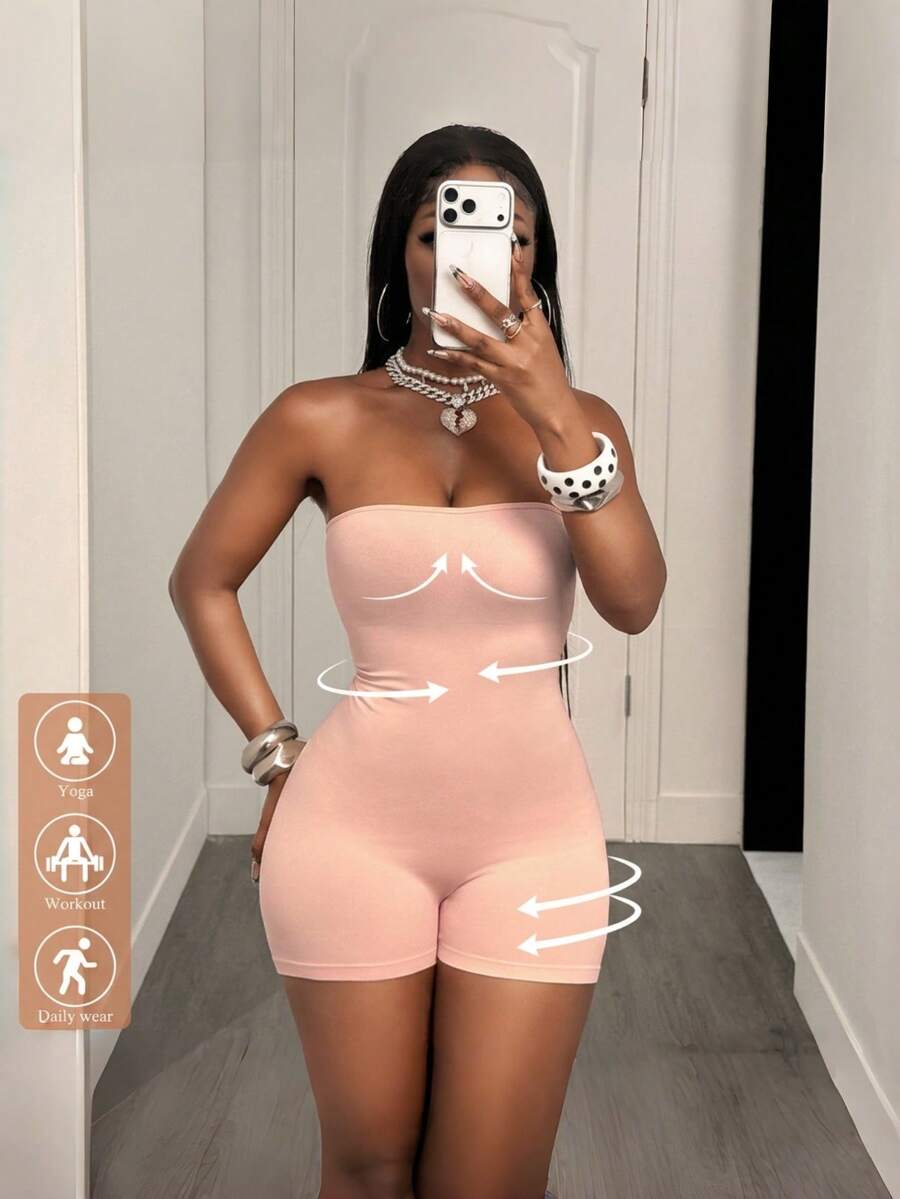 BamGleam Versatile Seamless Solid Color Sexy Tight-Fitting Bandeau Romper Shorts