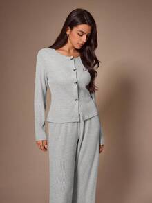 Lazeform Heart Embroidered Casual Women's Pajama Set Loungewear - Light Grey - View 5