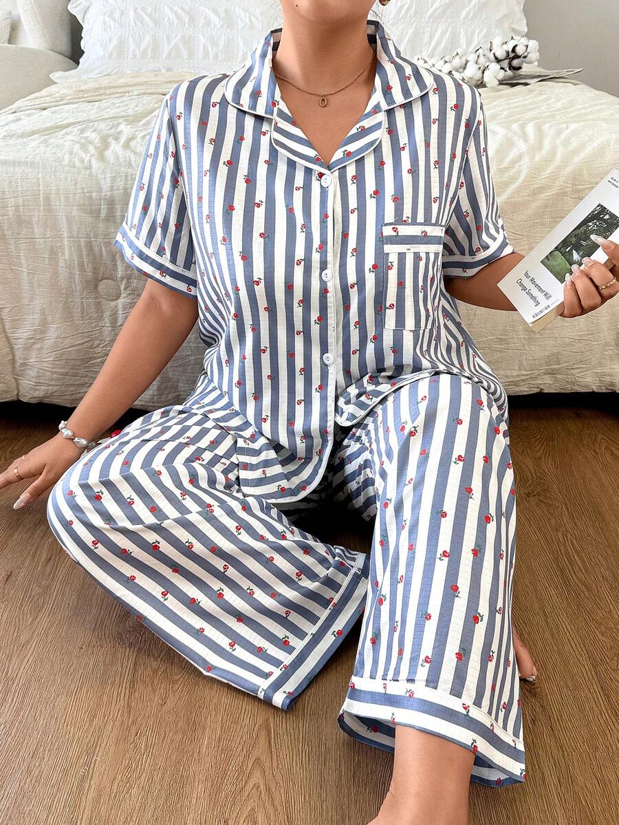 Napfluff CURVE Napfluff CURVE Plus Size Floral Short Sleeve & Long Pants Set, Casual Striped Lapel 2 Pieces Lounge Pajamas - Multicolor - View 1