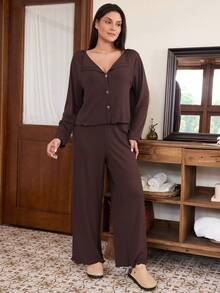 Doze Lane Minimalist Ruffle Design Ribbed Pajama Set, Plus Size Women's V-Neck Button Long Sleeve Top And Pants 2-Piece Set - Brown - View 6