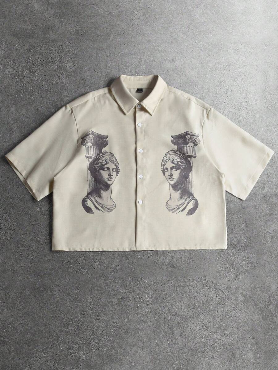 STYNVO 男士角色印花單排扣休閒日常短袖襯衫 - 米色 - 查看 1
