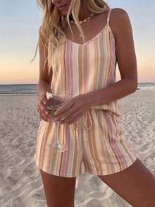 SHEIN LUNE 休閒極簡風女款條紋細肩帶背心與短褲兩件套，適合夏季 - 彩色 - 查看 3