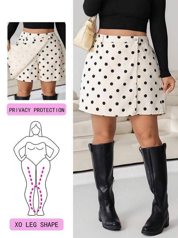 Solflare Plus Size Women's Polka Dot Casual Versatile Daily Outing Denim Skort