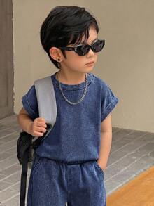 SHEIN Little Byeori 男童深灰色針織丹寧寬鬆短袖上衣與長褲兩件套 - 深色水洗藍 - 查看 4