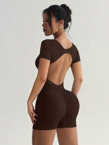 Slayform Slayform Women's Fashionable Sporty Cross-Design Backless Bodycon Jumpsuit Airport Outfit Full Bodycon Jumpsuit Airport Outfit Gym Women Outfit - Coffee Brown - View 4