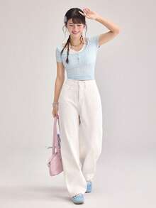 DAZY Women's Washed Solid Color Casual Loose Fit Versatile Jeans Petite - White - View 15