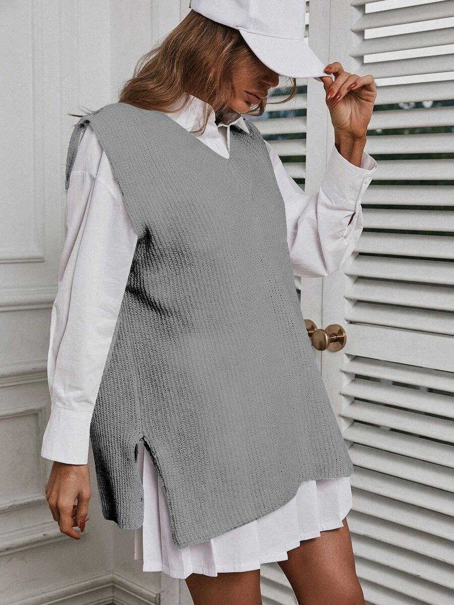 EURMUSE 1pc Solid Color Sweater Vest - Grey - View 1