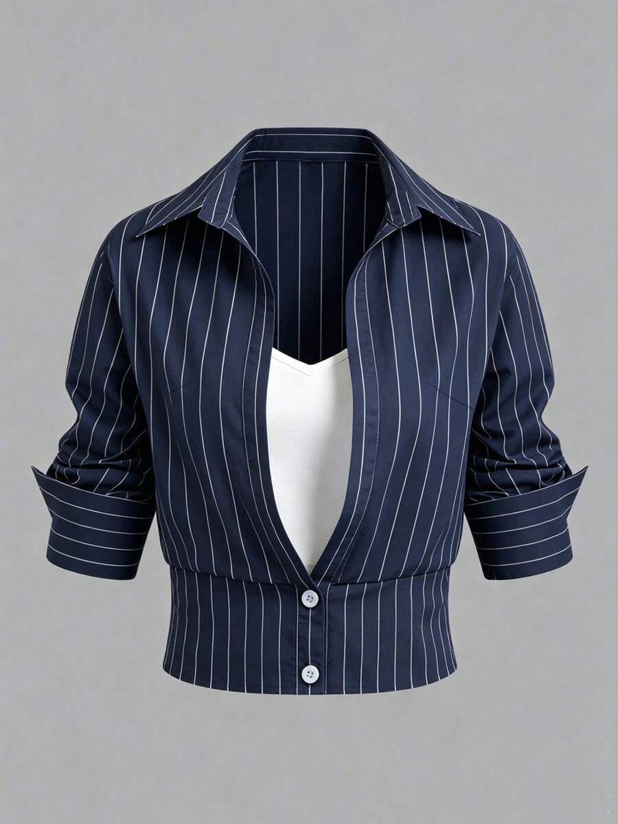 Olithes Women's Commuter Casual Slimming Waist-Cinching 2 In 1 Navy Blue Striped Long Sleeve Collared Short Shirt