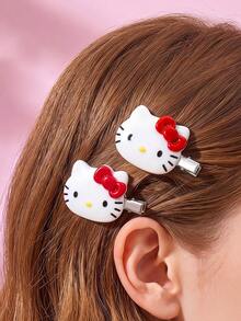 HELLO KITTY AND FRIENDS | Joivida 2件組粉色蝴蝶結貓頭樹脂髮夾，鋅合金鱷魚夾，女性側瀏海夾 - 玫紅色 - 查看 2