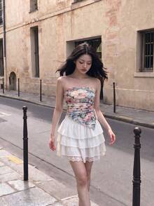 SHEIN MOD Contrast Lace Layer Hem Skirt Ruffle Skirtskirt White - White - View 6