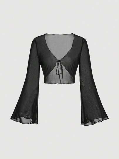 SHEIN MOD Black Summer V-Neck Tie-Front Flare-Sleeve Top,Basic Blouses ,Going Out Top ,White Top,Vacation Outfits Women
