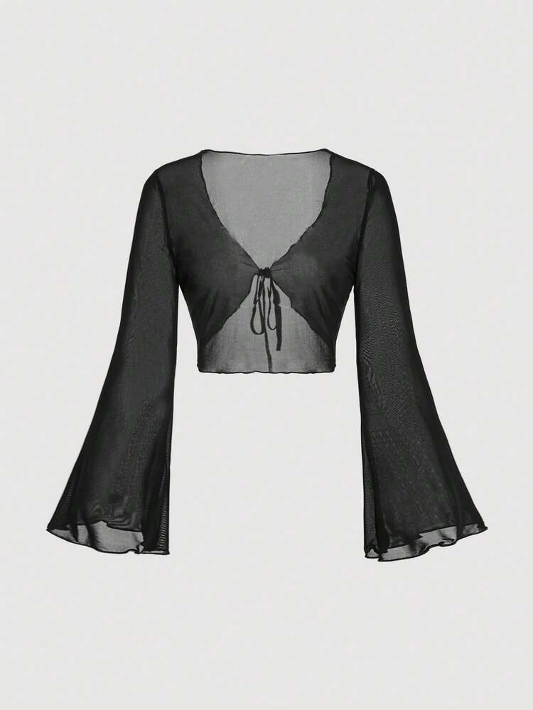SHEIN MOD V领系带喇叭袖百搭上衣，适合乡村、海滩度假、下午茶、优雅场合、舞会、情人节、夜店、背心、嘉年华服装等多种场合，长袖设计，春夏百搭，波西米亚风、西部风，派对上衣，约会之夜等各种场合。 - 黑色 - 查看 3