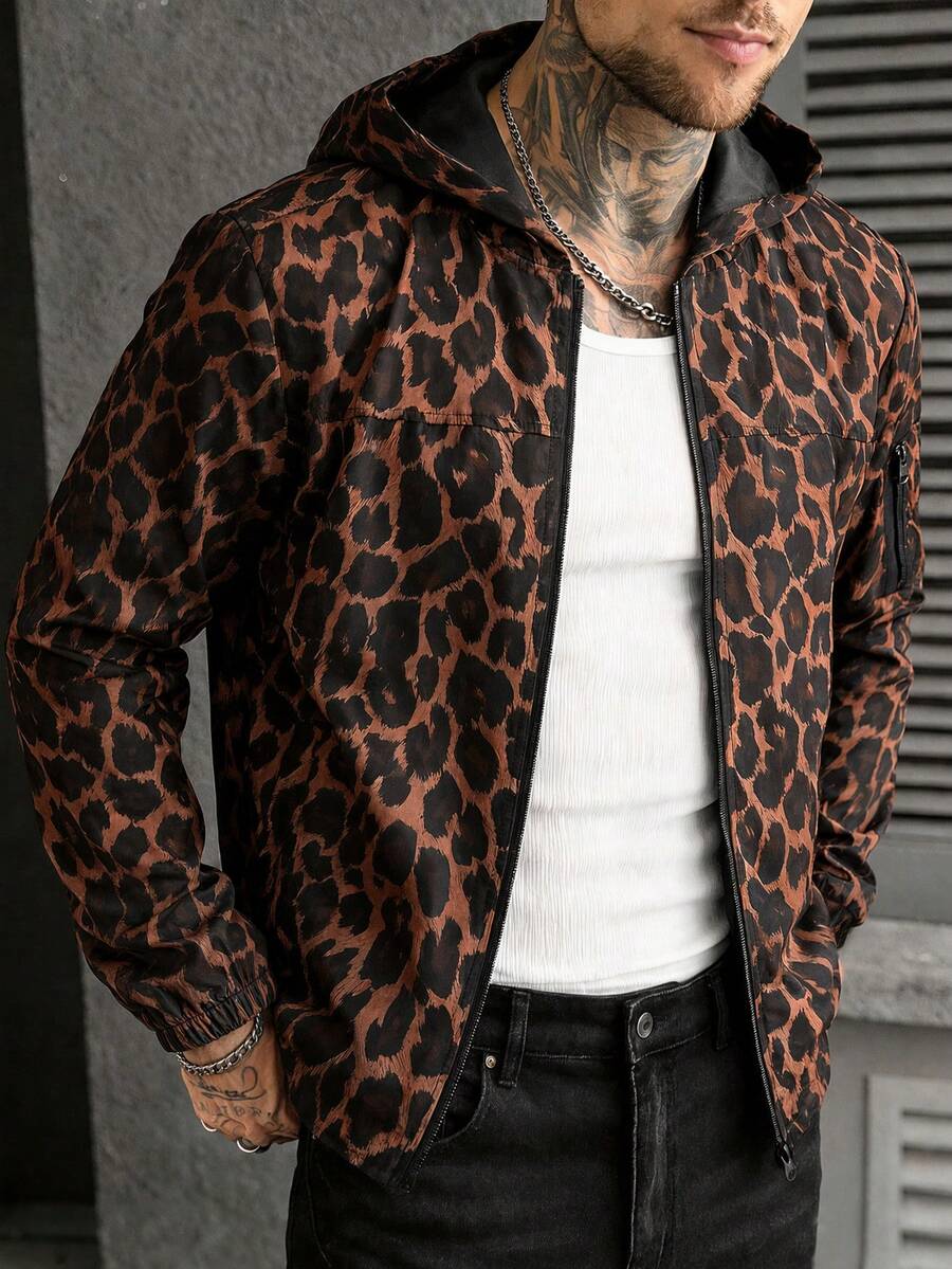 Manfinity Homme Men's Streetwear All-Over Leopard Print Hooded Jacket, Suitable For Daily Wear, Parties, Outdoor Activities, Commuting, Street Style, Vacation - Multicolor - View 1