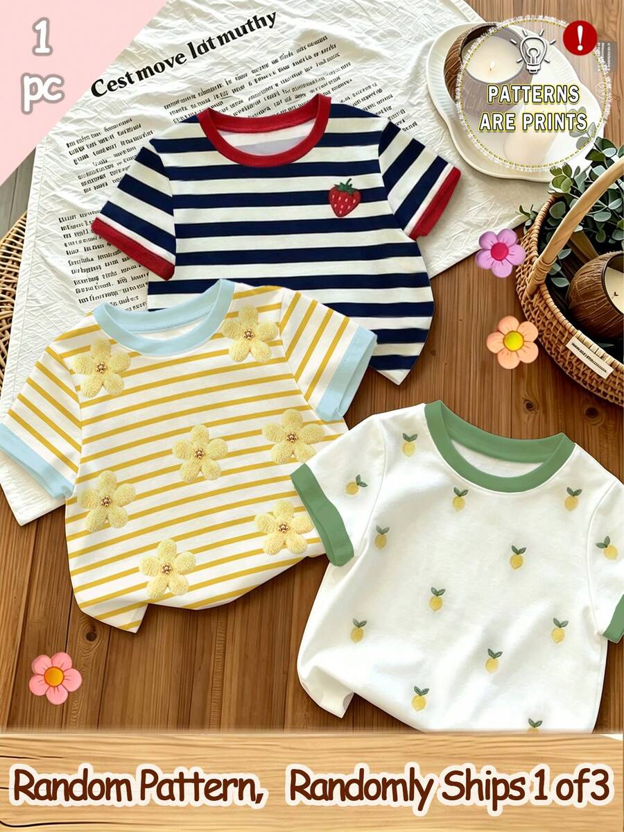 (Random Pattern, 1 Pc Random) Girls' Fresh Minimalist Yellow Striped Floral Cuff Contrast Blue Strawberry Lemon Basic Short T-Shirt, Everyday Wear - Multicolor - View 1