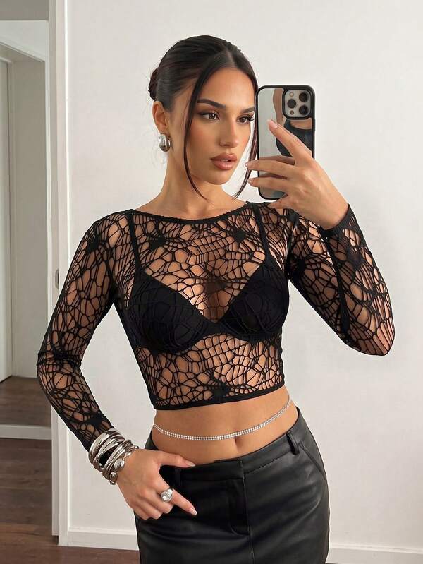 SomedayCozy 1pc Women's Hollow Design Long Sleeve Cropped Base Layer Top,Y2k Summer Tops,Tops For Summer,Corset,Crop Top,Shirt,Summer Outfits,Tank Top,Going Out