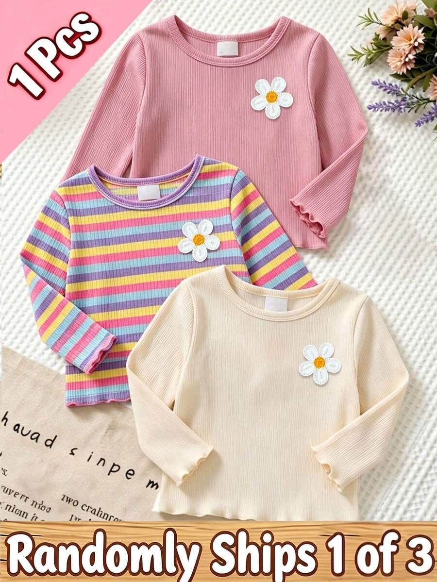 SHEIN 1件隨機款女童圓領長袖上衣,飾有雛菊與荷葉邊袖口及下擺,可選純色豆沙色、彩虹條紋與純色杏色,直紋紋理修身剪裁,適合外出、日常穿著,適用春、秋、冬 - 杏色 - 查看 1