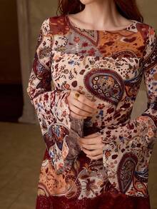 MOTF PREMIUM WOMEN'S PRINTED LACE PATCHWORK BELL SLEEVE DRESS, AUTUMN/WINTER - Multicolor - View 2