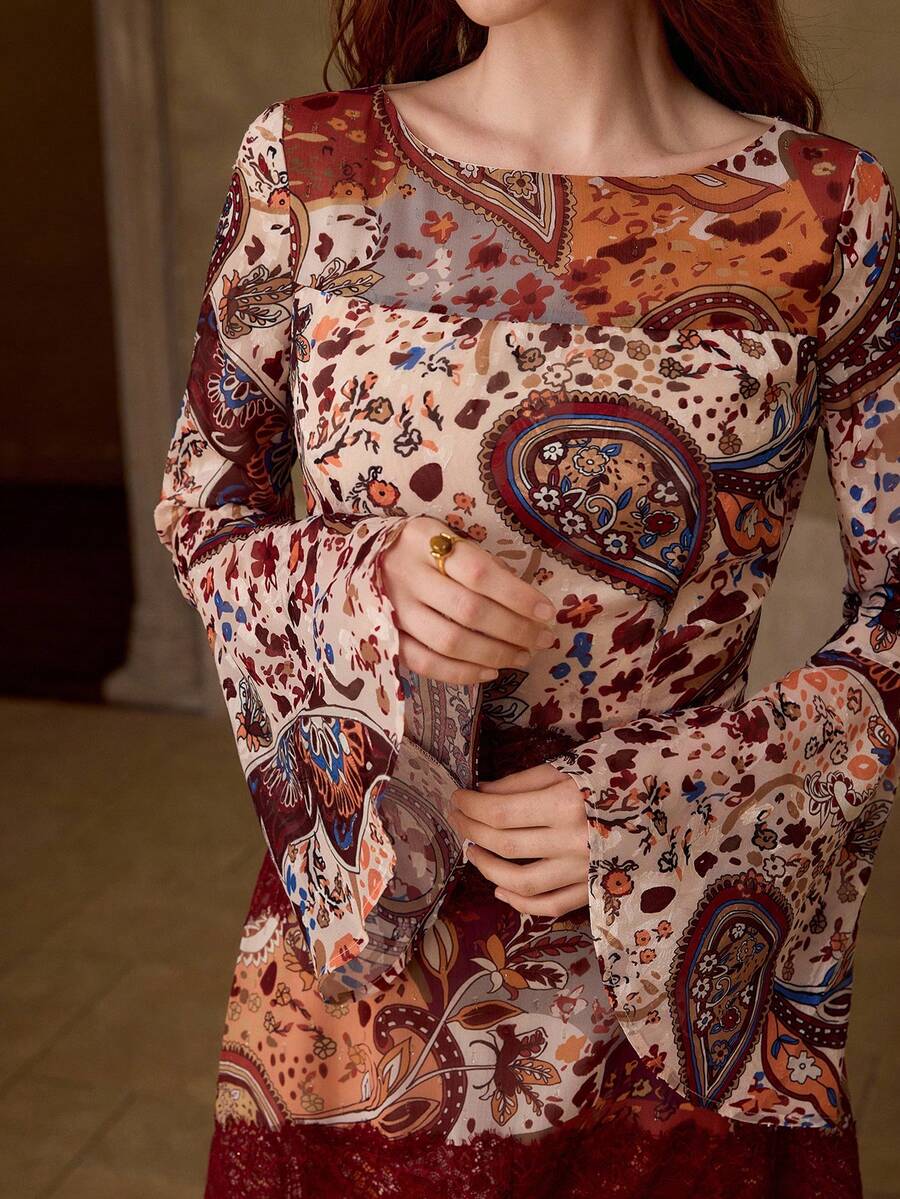 MOTF PREMIUM WOMEN'S PRINTED LACE PATCHWORK BELL SLEEVE DRESS, AUTUMN/WINTER - Multicolor - View 2