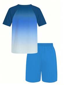 Boys Two Pieces Rash Guard Swimsuits Teen Boy Vacation Short Sleeve Sunsuit Swimwear Sets 12-16Y - Blue - View 2