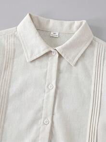 SHEIN Tween Girl 少女米白色紋理兩件套 刺繡領長袖襯衫搭配鬆緊腰寬腿長褲 休閒酷女孩校園風 - 杏色 - 查看 3