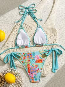 Swim Vcay 女款時尚熱帶水果印花掛脖綁帶性感比基尼兩件式泳衣套裝 - 綠色 - 查看 5
