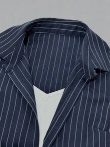 Olithes Women's Commuter Casual Slimming Waist-Cinching 2 In 1 Navy Blue Striped Long Sleeve Collared Short Shirt - Blue - View 6