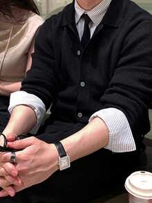 DAZY Men's Black Long Sleeve V-Neck Cardigan Sweater With Ribbed Hem And Cuffs For Commuting - Black - View 1