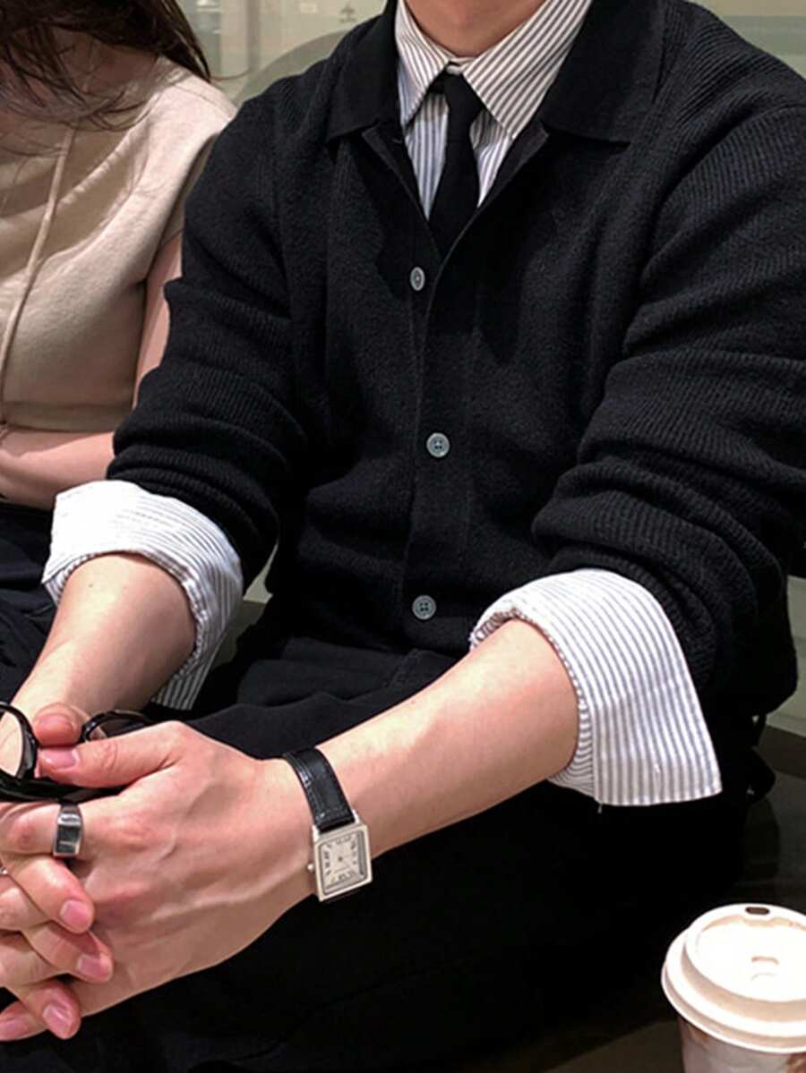 DAZY Men's Black Long Sleeve V-Neck Cardigan Sweater With Ribbed Hem And Cuffs For Commuting - Black - View 1