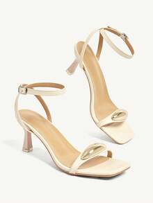 CUCCOO CHICEST Buckle Trim Open-Toe Rear Cross Strap Square Stiletto Fashion Commuter Nude PU Leather Ladies High-Heeled Sandals Dating Vacation - nude - View 4