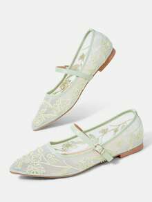 CUCCOO HITCHD Sepatu Mary Jane Wanita dengan Desain Manik-Manik Bordir Jala, Ujung Persegi, Gesper Sederhana, Sol Lembut, dan Bernapas ala Prancis. - Hijau - View 6