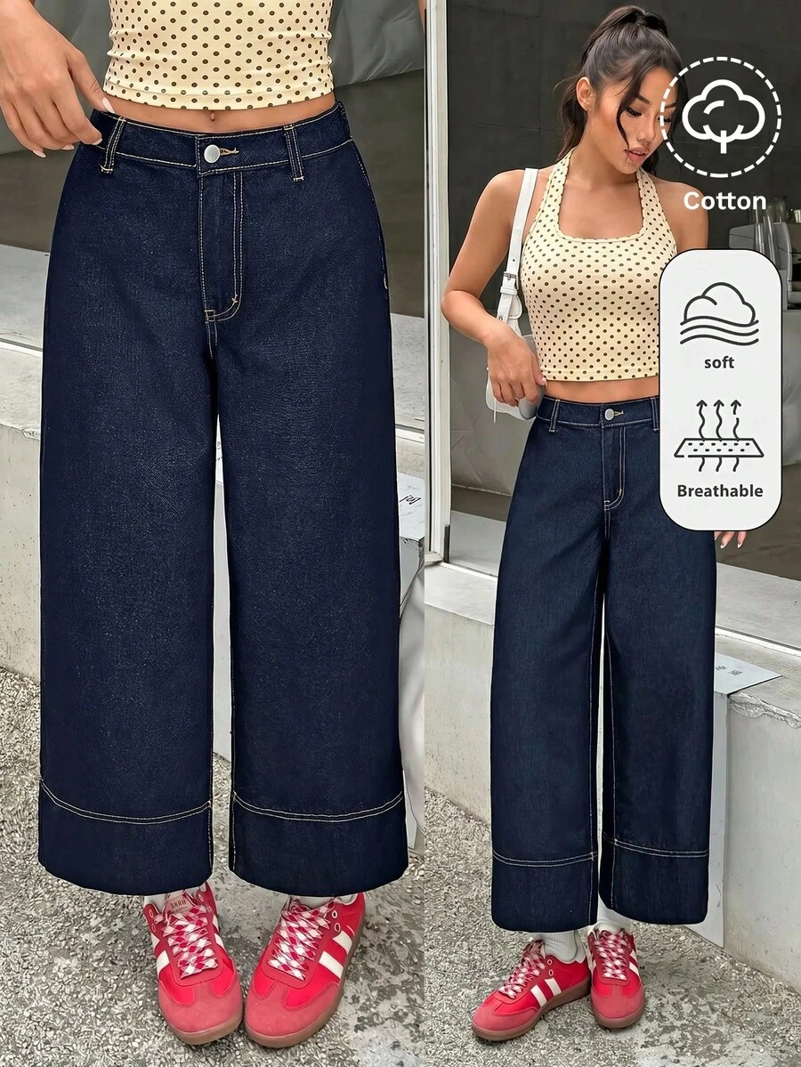 SHEIN Tween女孩深藍色寬鬆牛仔長褲 10Y Y2K 夏季秋季 日 婚禮 - 藍色 - 查看 1