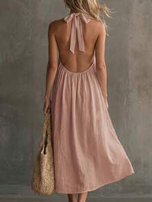 Balvessa Women's Solid Color Double Pocket Fashion Halter Neck Dress - Pink - View 2