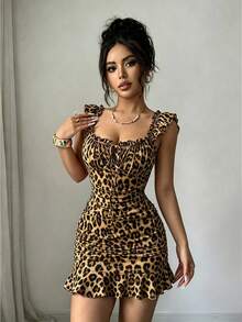 BamGleam Women's Leopard Print Front Tie Fashion Pleated Ruffle Dress - Brown - View 6