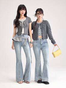 DAZY Celana Jeans Wanita Gaya Korea Model Flare dengan Detail Sobek Ukuran Petite - Biru - View 12