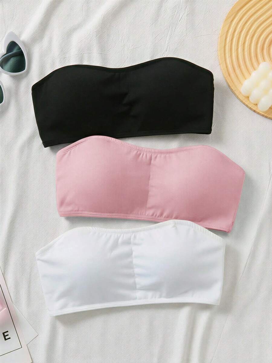 SHEIN 青少年女孩純色極簡舒適加厚防滑抹胸式內衣 - 彩色 - 查看 1