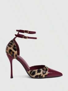CUCCOO SZL Women's Fashionable Elegant Commuting Leopard Print Patchwork Pointed Toe Pumps For Christmas Spring Shoes - Bordeaux - View 4