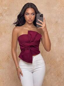 SHEIN 女士修身蝴蝶结装饰短款抹胸上衣 - 紅色 - 查看 3