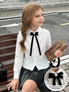 SHEIN Tween女孩返校季百搭百搭白色襯衫，可休閒或正式穿著 - 白色 - 查看 9