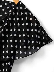 Franclia Chic Black Random Print Polka Dot Blouse For Women With Flounce Short Sleeves And V Neck In Sheer Woven Fabric - Black - View 6