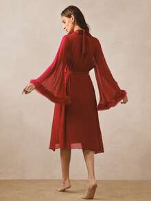 Hourtrue 3D Lace Mesh Long Robe, Cowl Neck Knit Cami Robe, Women's Sleepwear Set - Burgundy - View 7