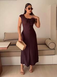 Maria Perezxox Fashionable Solid Color Cinched Waist Fitted Knit Maxi Dress, European And American Style Elegant Summer - Coffee - View 5