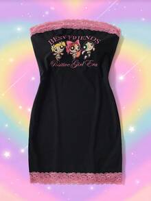 THE POWERPUFF GIRLS X SHEIN 女款字母卡通印花蕾絲飾邊休閒日常夏季洋裝 - 黑色 - 查看 3
