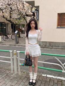 SHEIN MOD Lace Floral Patchwork Long Sleeve Women's Top - White - View 5