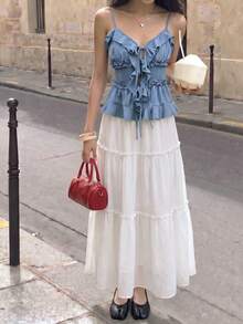 SHEIN MOD Chân váy xếp nếp Boho dài váy phá cách trơn bèo nhún viền chân váy xếp nếp - trắng - Xem 8