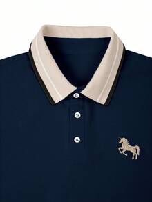 Calvornis Men's Plus Size Embroidered Ribbed Collar Mature Casual Short Sleeve Polo Shirt, Formal, Old Money - Navy Blue - View 6