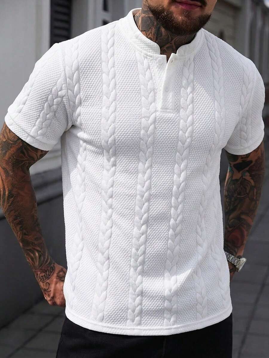 Manfinity CasualCool 男士立領 Polo 衫,針織提花面料,休閒日常穿著,時尚百搭風格 - 白色 - 查看 1
